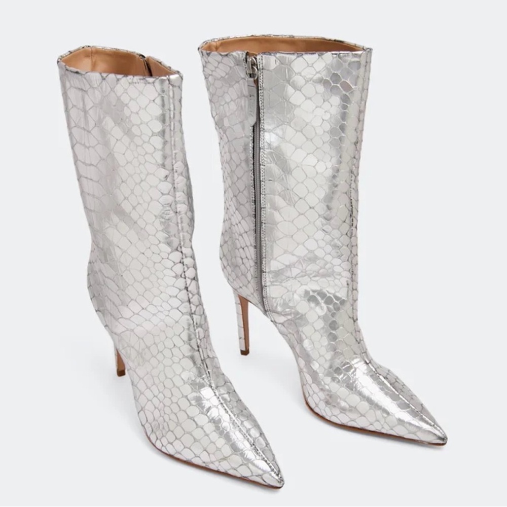 SCHUTZ Silver Metallic Snake-Embossed Pointed-Toe Mid-Calf Stiletto Boots NWOB - Picture 3 of 11